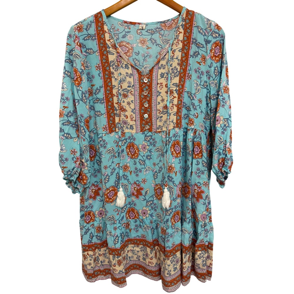 Anna-Kaci Women Mini Dress‎ L Blue Floral Boho Tassel Babydoll Festival Summer